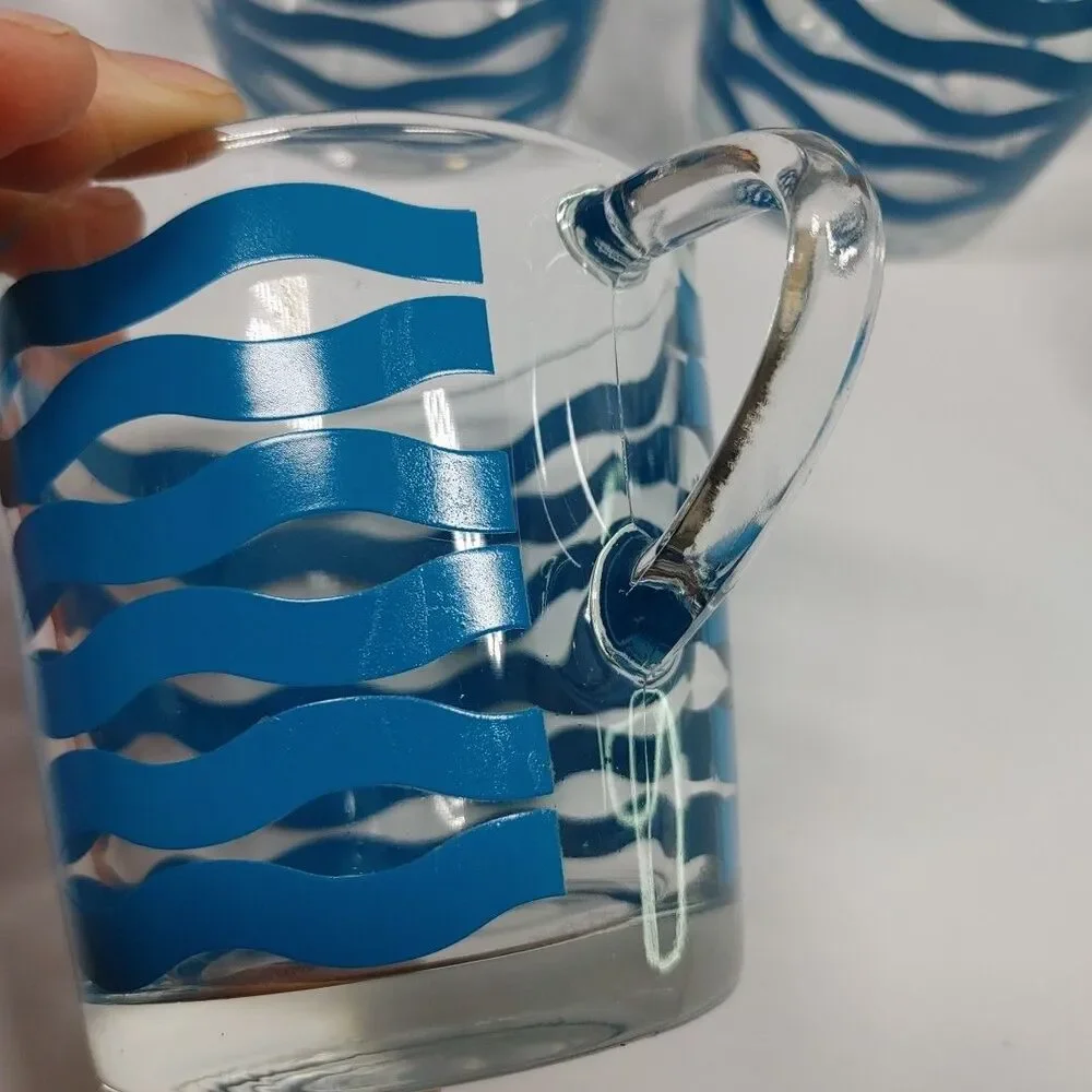 IKEA Satsning Glass Mugs/Cups Set- 6 Retired Blue Waves Stripes 3.5